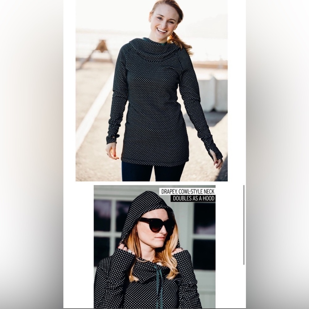 Betabrand Cowl Neck Hooded Tunic Top Black Polka Dots Size Small Drapey Thumb